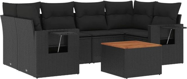 vidaXL 7-teilige Garten-Sofagarnitur in L-Form aus Polyrattan und Akazienholz mit Kissen in Schwarz - Bild 1