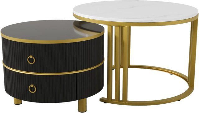 okwish Couchtisch Beistelltisch mit 2 Schubladen in Schwarz mit Marmormuster, rund, B/T/H: 70 x 70 x 46 cm - Bild 1