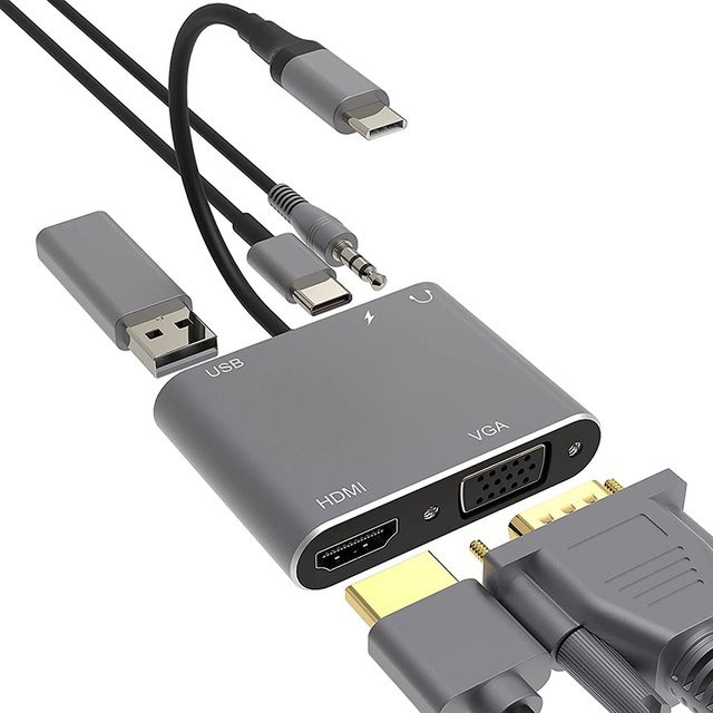 OULLX USB C Hub 4 in 1/5 in 1 Typ C Adapter mit HDMI 4K UHD, VGA und USB 3.0 sowie PD Schnellladefunktion in Grau - Bild 1
