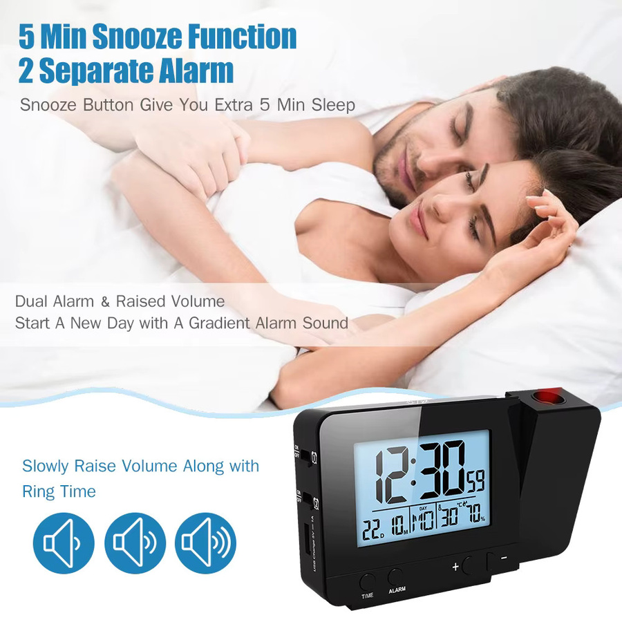 Meterk Projektionswecker für das Schlafzimmer mit Thermometer und Hygrometer, digitale Deckenuhr mit dimmbarem LED-Display in Schwarz - Bild 4