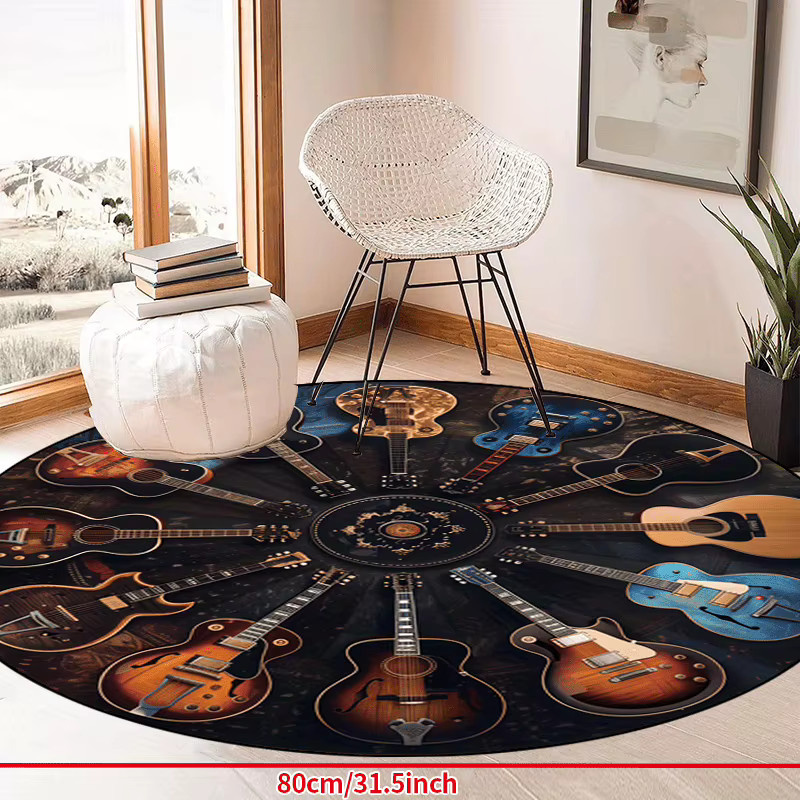 Runder VIKAMA Rock-Gitarren-Teppich mit Vintage-Print, rutschfest und waschbar, Multicolour, Durchmesser: 60 cm - Bild 3