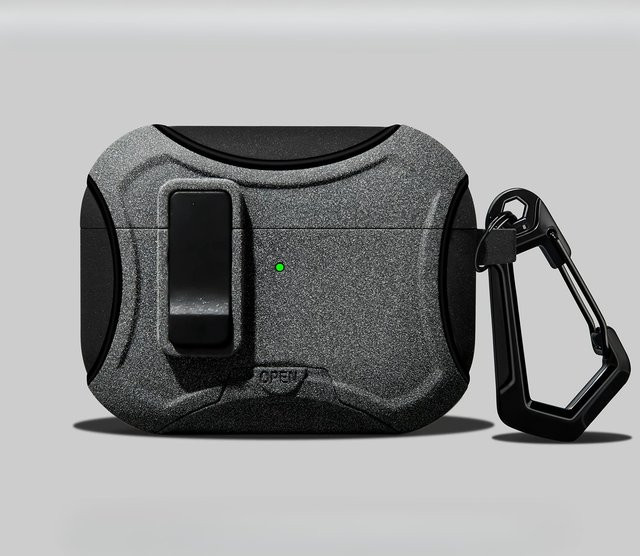 Stoßfeste Schutzhülle für Apple AirPods 4 3 2 Pro mit Telefonständer und Haken in Grau - Bild 1