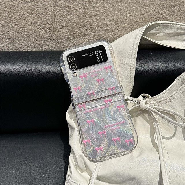 Niedliche Samsung Galaxy Z Flip 6 5 4 3 5G Handyhülle mit Schleife und Kette, transparent mit Scharnierschutz - Bild 1