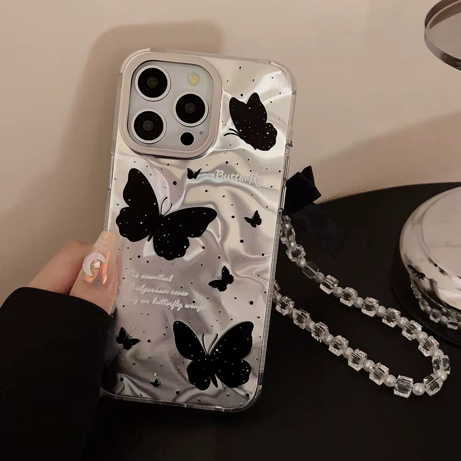 MUQGEW Stoßfeste iPhone Schutzhülle mit Schmetterlings-Wasserwellen-Design und Umhängeband in Schwarz und Transparent für iPhone 16 15 14 Plus 13 12 Pro Max - Bild 5