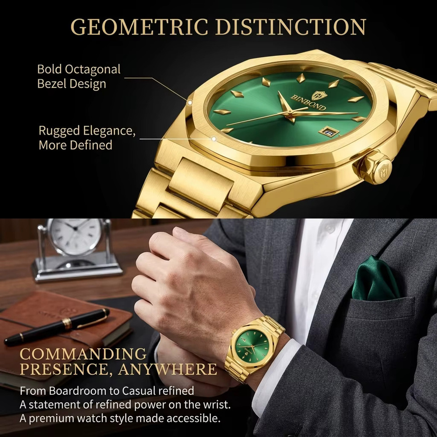 BINBOND Armbanduhr Edelstahl, Gold, grünes Zifferblatt, Quarz, Herren - Bild 5