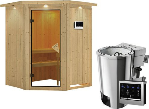 Karibu Sauna Wolmar aus Fichtenholz in Beige inklusive 3,6 kW Saunaofen mit externer Steuerung für 3 Personen, B/T/H: 202 x 165 x 165 cm - Bild 1