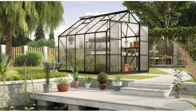 Gewächshaus Vitavia Uranus 8300 mit 6 mm Polycarbonat-Hohlkammerplatten, Fundament, Dachfenster und Regenrinnen in Schwarz - Bild 1