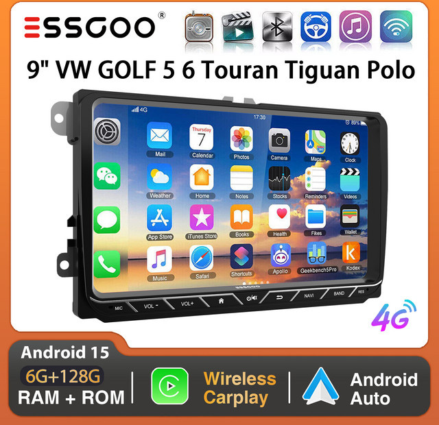 ESSGOO 9 Zoll Android 15 Autoradio mit 6+128GB Speicher, Carplay, 4G und GPS-Navigation in Schwarz für VW Golf 5 6, Touran, Tiguan, Polo, Passat, Jetta - Bild 1