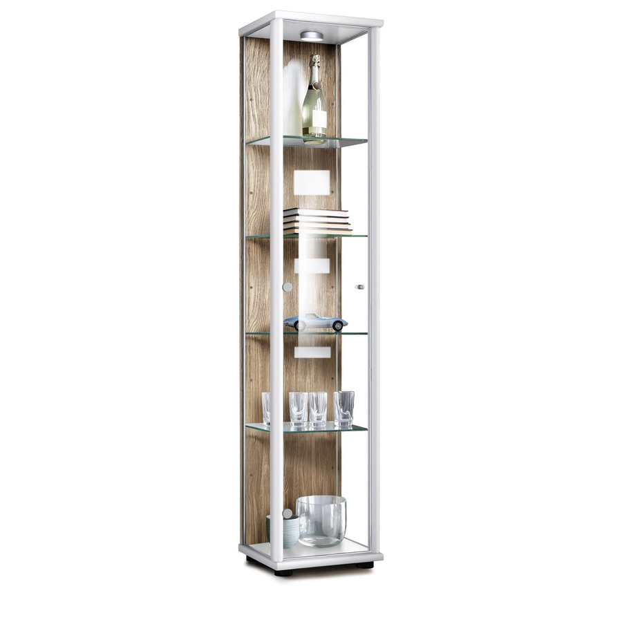 K-Möbel Glasvitrine stehend mit LED-Beleuchtung und 4 höhenverstellbaren Glasböden, Weiß & Sonoma Eiche, H: 176 cm, B: 37 cm, T: 33 cm - Bild 2