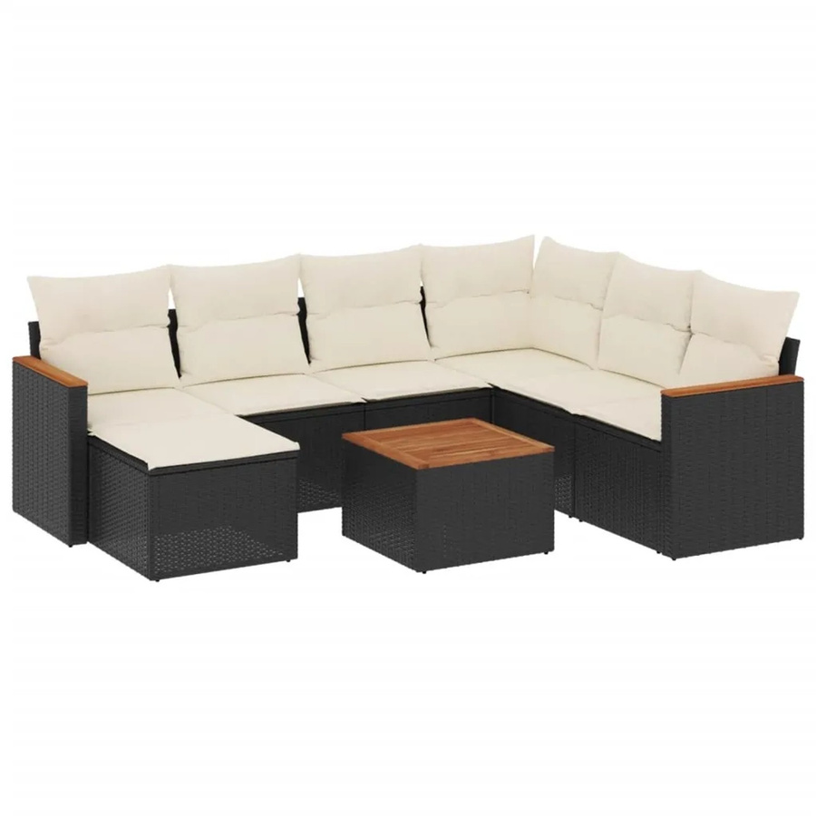 vidaXL 8-tlg Garten-Sofagarnitur in L-Form aus Poly-Rattan und pulverbeschichtetem Stahl mit Kissen in Schwarz und Cremeweiß - Bild 2