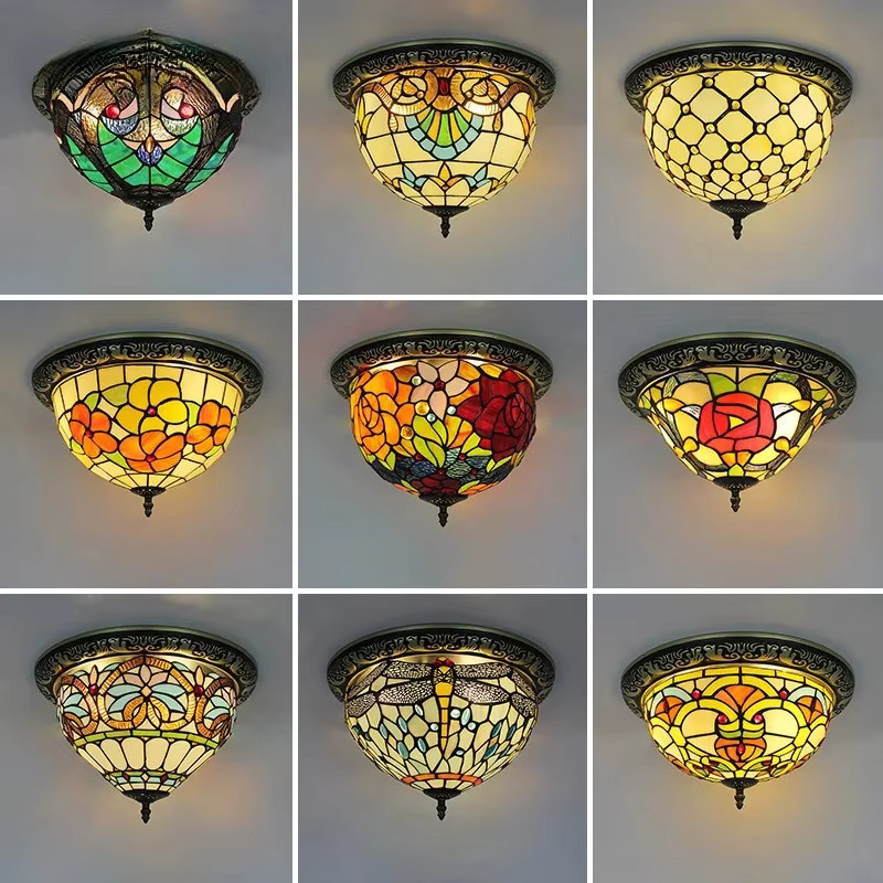 Art Deco Tiffany Deckenleuchte aus buntem Glas, runde Retro-Vintage Hängelampe in Multicolour für Wohnzimmer, Schlafzimmer und Flur - Bild 1