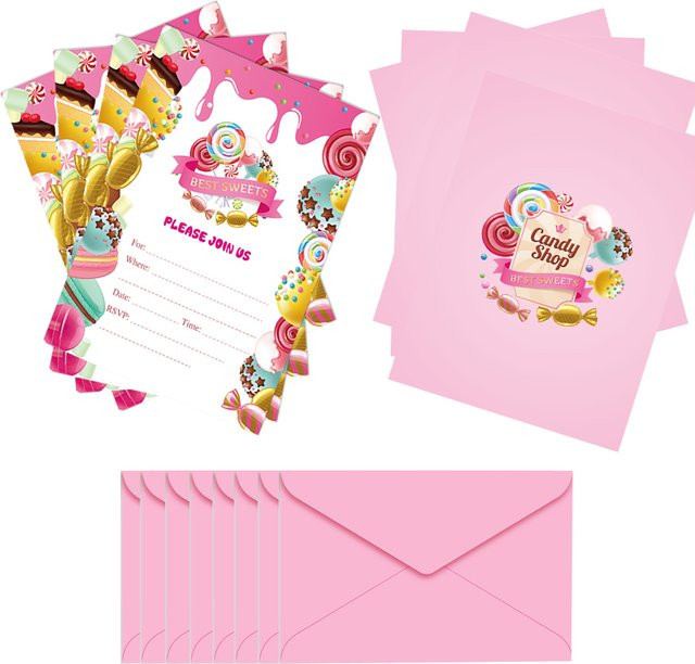 24 Stück Einladungskarten mit Umschlägen im Mädchen Cartoon Lutscher Design für Babyparty und Geburtstag - Bild 1