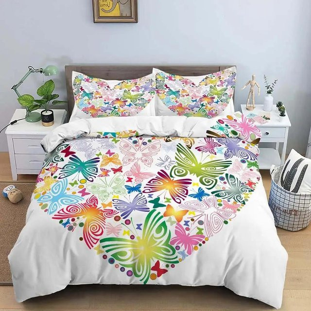 Bettwäsche Set mit Schmetterling und Herzform in Bunt, Polyester Mikrofaser, B/H: 135 x 200 cm - Bild 1
