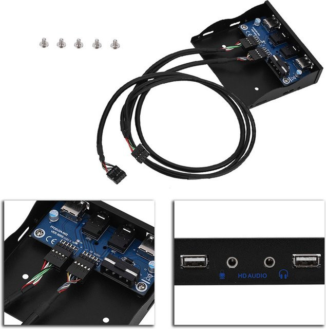 USB 2.0 Frontpanel Adapter für Diskettenlaufwerk mit 2 USB 2.0 Schnittstellen und Audio-Anschlüssen für Mikrofon und Kopfhörer, Schwarz - Bild 1