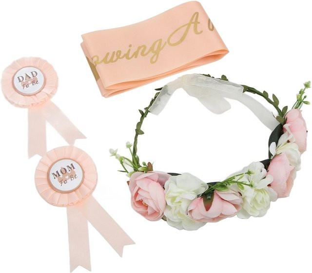 GoolRC Babyparty Dekoration Set mit Tiara, Schleife und floralem Blumenschmuck in Beige und Pink - Bild 1