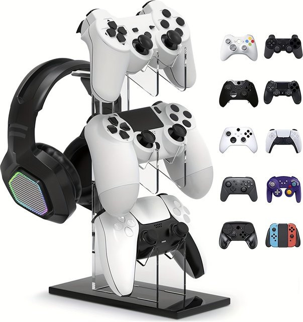 LOKPAD Universeller 3-lagiger Controller- und Kopfhörerhalter für PS5 und PS4, Schwarz, Weiß, Transparent - Bild 1