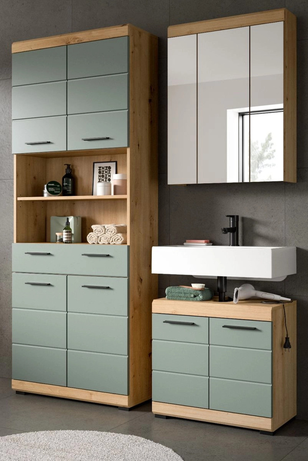 3-teiliges Badmöbel Set Shawn von Inn.Furn in Grün und Eiche mit LED-Beleuchtung, Breite: 149 cm - Bild 1