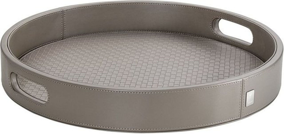JOOP! Rundes Tablett aus Glas und Leder in Grau mit geometrischem Design und seitlichen Griffen - Bild 1