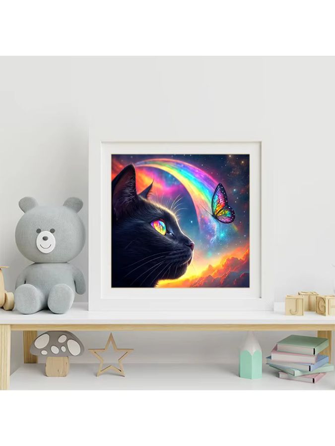 Momoart Diamant-Gemälde Schwarze Katze mit Schmetterling als DIY Mosaik-Set mit Strasssteinen, Breite: 20 cm, Höhe: 20 cm - Bild 3