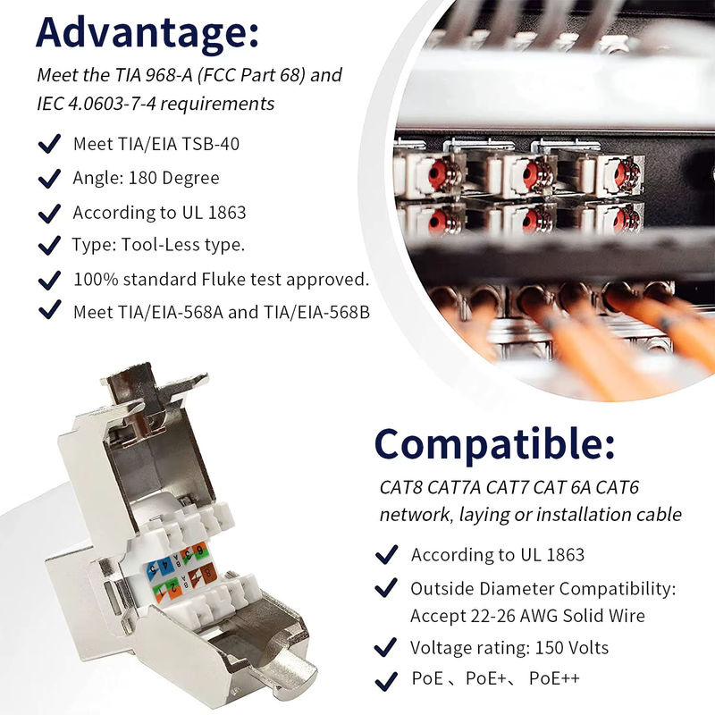 ZOERAX 6er Set RJ45 Keystone-Module Cat7 Cat6A in Silber, werkzeuglose Zinklegierungs-Adapter-Koppler für 22 bis 26 AWG Ethernet LAN - Bild 3