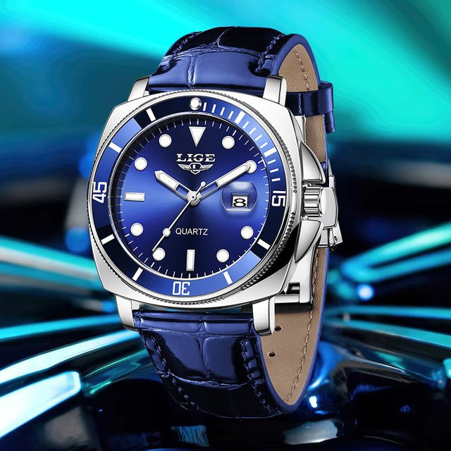 LIGE Armbanduhr Quarz, Leder, Blau, Herren - Bild 1