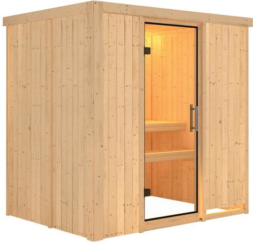 Karibu Sauna Kothla für 3 Personen aus Fichtenholz in Beige ohne Ofen B: 198 cm, T: 196 cm, H: 151 cm - Bild 1