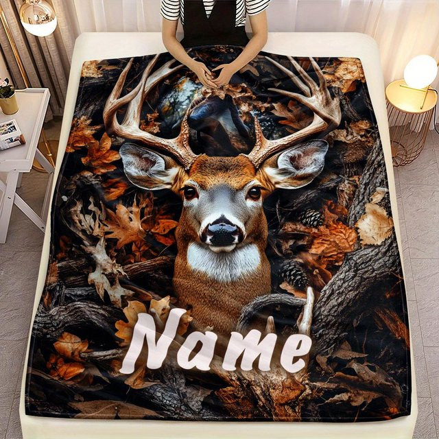 Personalisierte Hirsch Fleece-Decke mit Namen von JMG Household Supplies, weicher Waldtier-Überwurf in Mehrfarbig, B/B: 150 x 230 cm - Bild 1