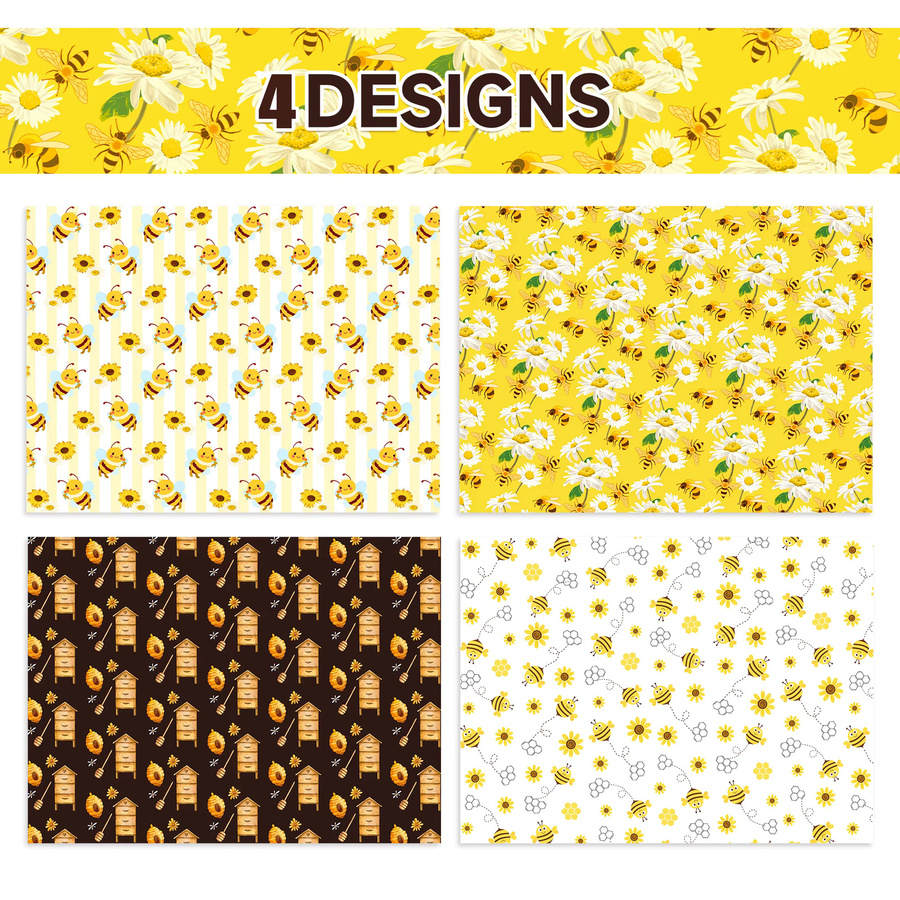 12 Stück Dekoratives Geschenkpapier mit Cartoon Honigbiene und Frühlingsmuster in Gelb für DIY Bastelarbeiten und Babypartys - Bild 3