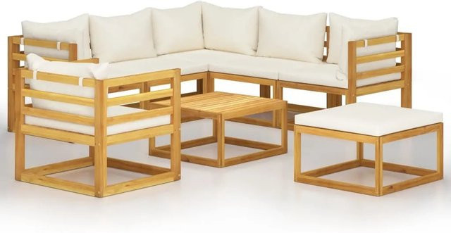 vidaXL 8-tlg Garten-Lounge-Set L-Form aus massivem Akazienholz mit cremefarbenen Auflagen - Bild 1