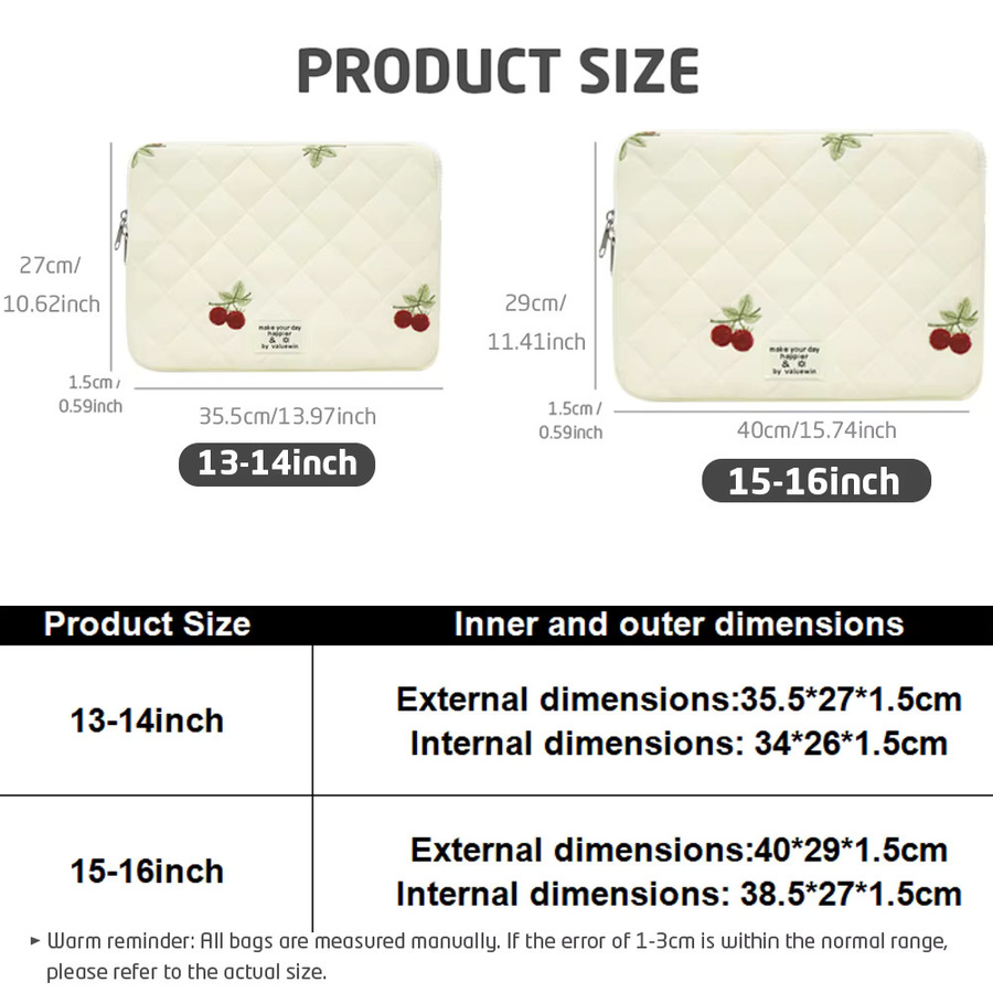 BOKEN Laptop-Hülle mit Kirschstickerei in Beige für MacBook Air/Pro, Lenovo und Dell, tragbare Laptoptasche für 13 bis 15 Zoll (40,6 cm) - Bild 2