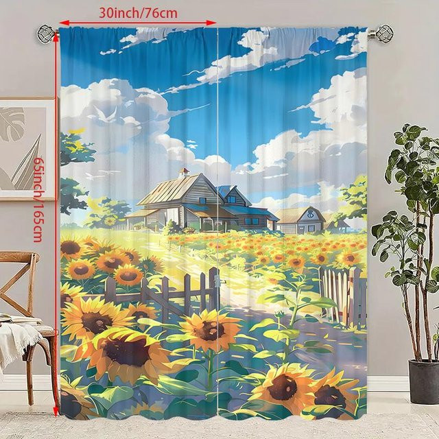 Sonnenblumen Landschaft Vorhang aus Polyester in Blau, B: 60 cm, H: 150 cm - Bild 1