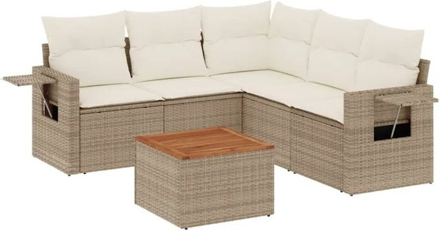 vidaXL 6-teilige Garten-Sofagarnitur aus Polyrattan in Beige mit Kissen und Couchtisch - Bild 1