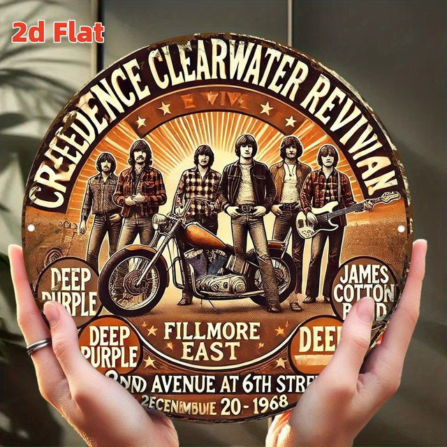 Vintage Creedence Clearwater Revival Band Metallwandkunst Potdemiel – Rundes Aluminiumschild Deep Purple und Fillmore East in Multicolour, Durchmesser: 20 cm - Bild 1