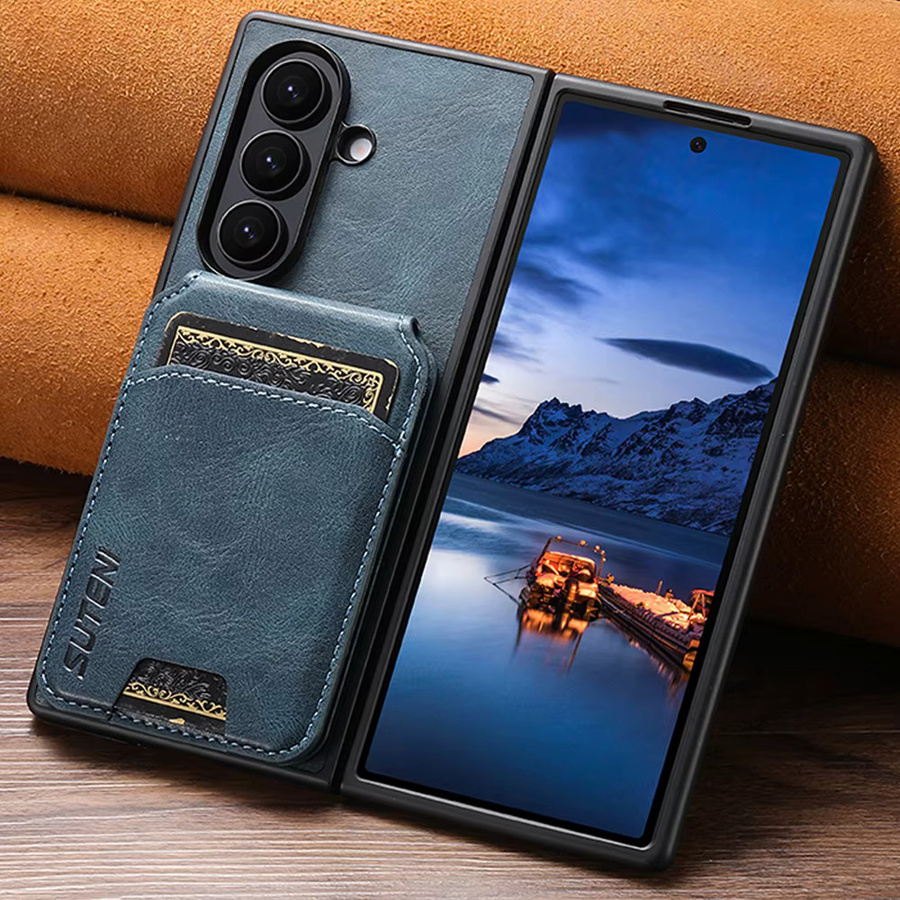 Leder-Schutzhülle für Samsung Galaxy Z Fold 7, 6 und 5 in Schwarz mit Kartenfächern und Ständerfunktion - Bild 2