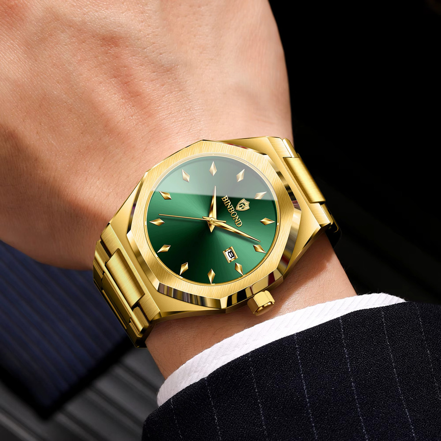 BINBOND Armbanduhr Quarz, Edelstahl, Gold, Grün, Herren - Bild 4