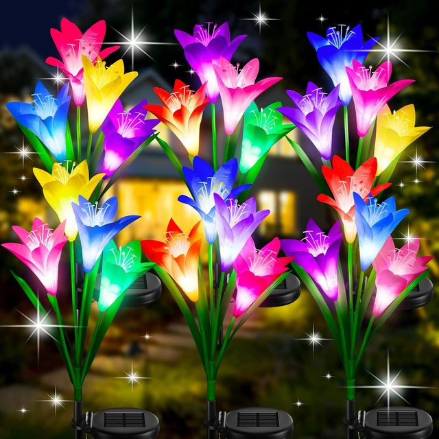 DBF Solar-Lilien-Blumenlicht mit 7 Farbwechseln, wasserdichte LED-Gartenbeleuchtung in Schwarz für Garten und Wege - Bild 1
