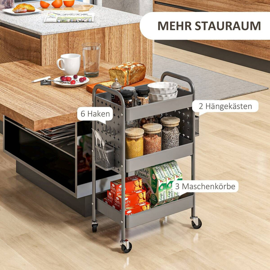 HOMCOM Küchenwagen mit 3 Etagen und 2 Hängekörben in Grau, B/H/T: 30,5 x 53,5 x 75 cm - Bild 3