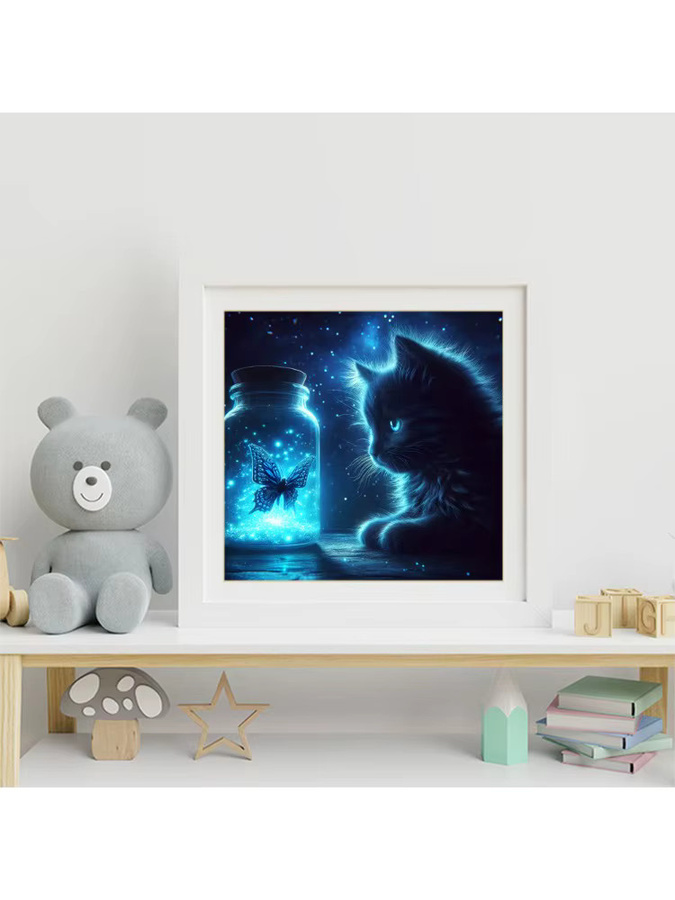 EverShine Diamant-Stickerei Tierbild Katze mit Schmetterling als Strass-Mosaik in Blau, Vollquadratische Diamantmalerei zur Heimdekoration, B/T/H: 20 x 20 x 20 cm - Bild 3