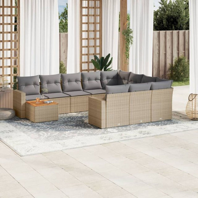 Vidaxl Gartenmöbel-Set aus Polyrattan und Akazie mit 11-teiligem Kissen-Set in Beige - Bild 1