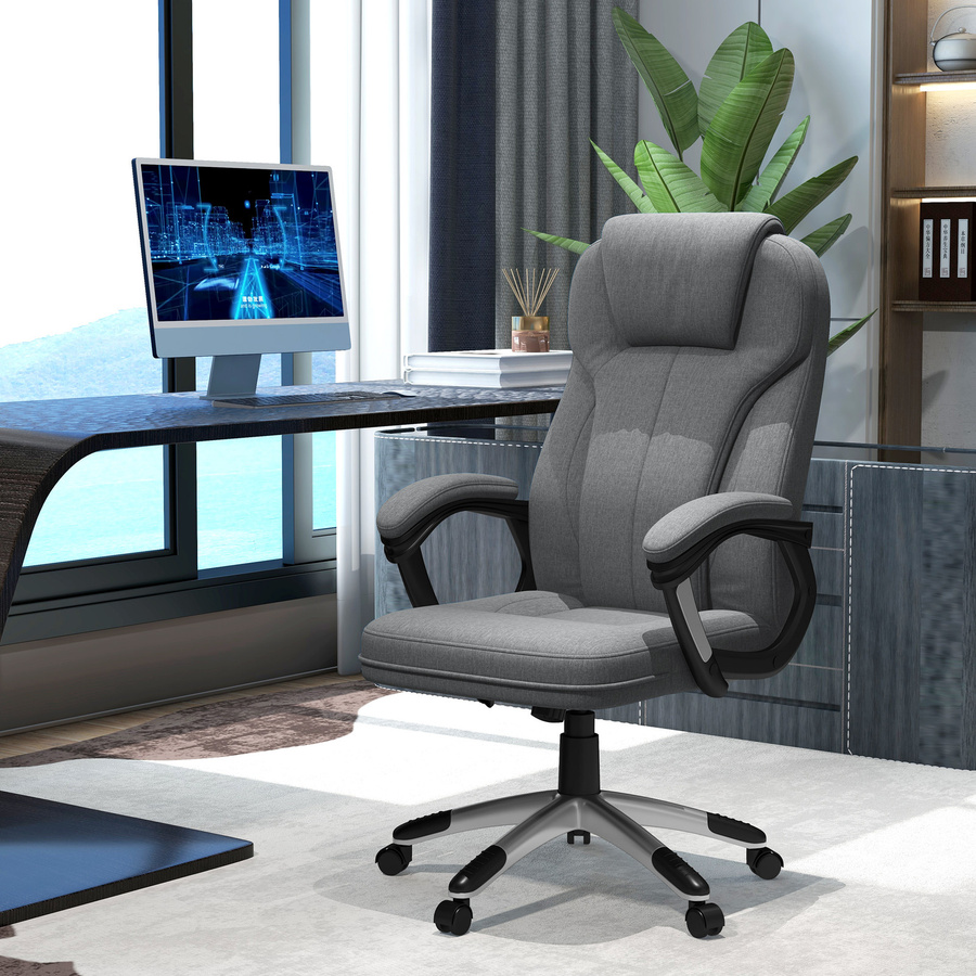 Vinsetto Ergonomischer Bürostuhl in Grau mit Leinenoptik, höhenverstellbarer Computerstuhl mit Wippfunktion, Kopfstütze und Armlehnen, B/T/H: 66 x 75 x 110-120 cm - Bild 2