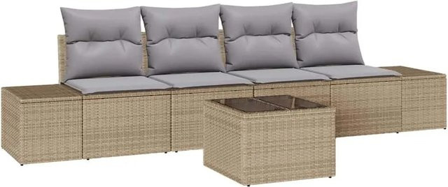 vidaXL Garten-Sofa-Set aus Poly-Rattan in L-Form mit 5-teiliger Polsterung und Kissen, Beige und Grau - Bild 1