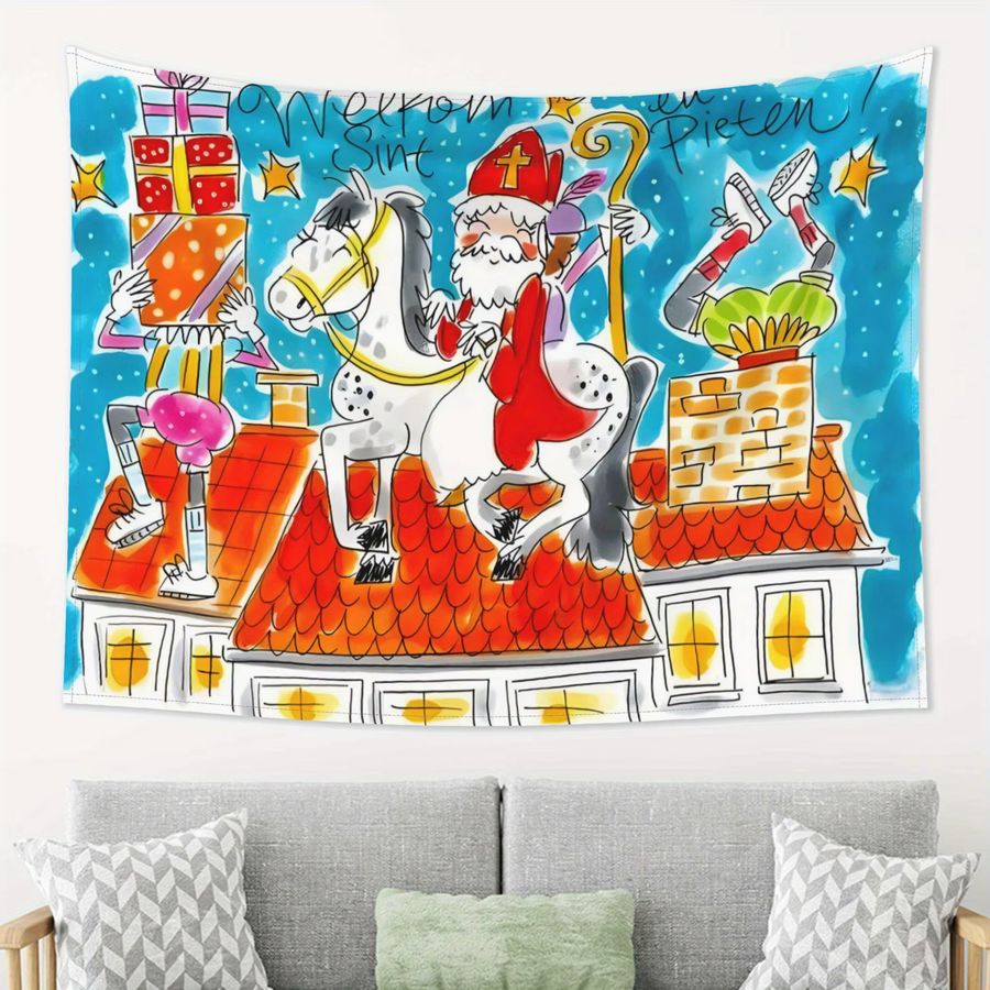 VIKAMA Weihnachts-Wandteppich mit Saint Nicholas und Piet als Wanddekoration für Schlafzimmer und Eingangsbereich, B: 75 cm, H: 58 cm - Bild 2