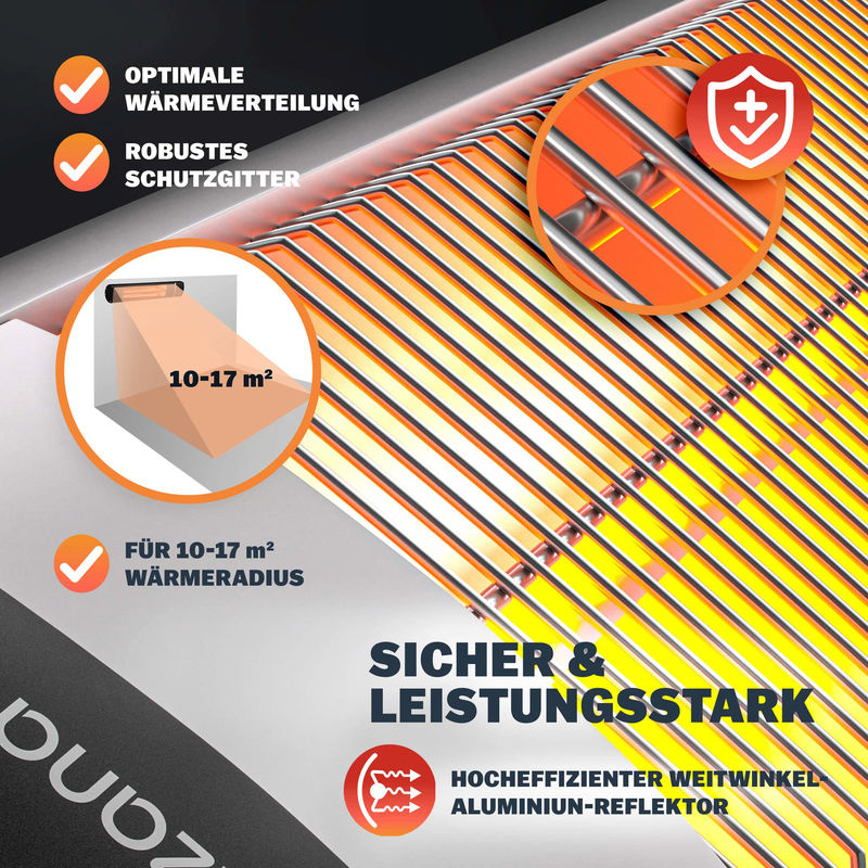 Heizstrahler MZH2500 Silber 2500W mit verstellbarem 90° Neigungswinkel und Ständer - Bild 4