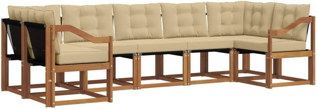 vidaXL Outdoor-Sofagarnitur 7-teilig L-Form aus Akazienholz und Textilene in Natur und Beige mit Kissen und Armlehnen - Bild 1