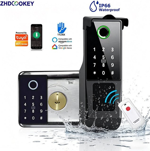 Tuya WiFi Smart Lock für den Außenbereich mit doppelseitigem Fingerabdrucksensor, IP66 wasserdicht, Passcode, RFID-Karte und App-Steuerung in Schwarz - Bild 1