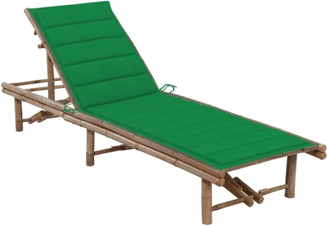 Furnicato Garten-Sonnenliege aus Bambus mit grüner Auflage und verstellbarer Kopfstütze, B/T/H: 200 x 65 x 30-87 cm - Bild 1