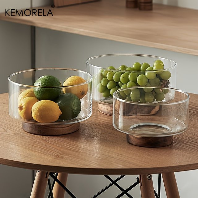 KEMORELA Glas Obstschale mit Holzsockel in Transparent, ideale Schüssel für Salate, Snacks, Popcorn oder Nüsse - Bild 1