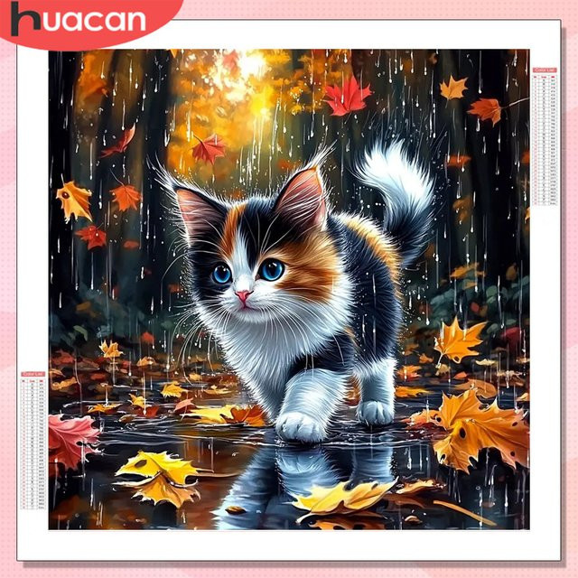 HUACAN Diamantmalerei Katze Herbst Tier Motiv als Mosaik-Wanddeko in Mehrfarbig mit Vollbohrer-Technik - Bild 1