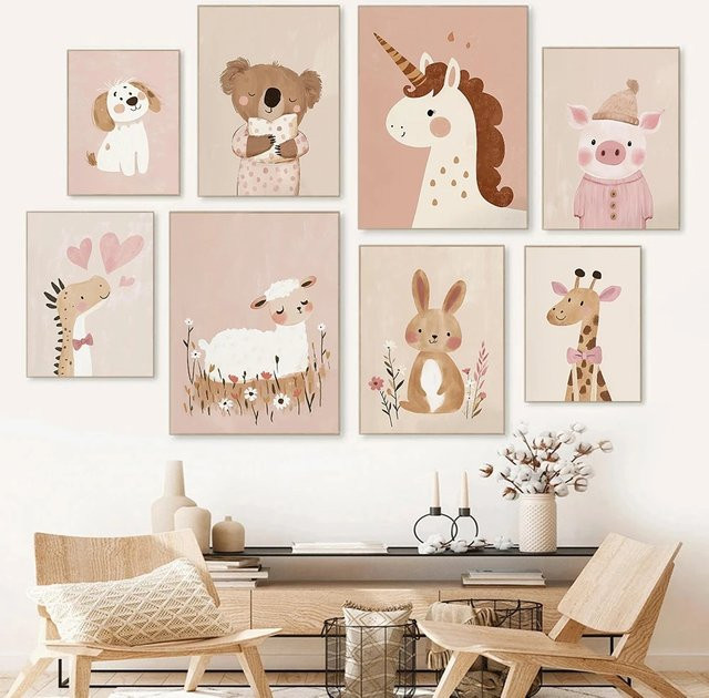 Potdemiel Nordic Leinwand Poster mit Fuchs und Einhorn Illustration in Rosa und Multicolor im Hochformat - Bild 1