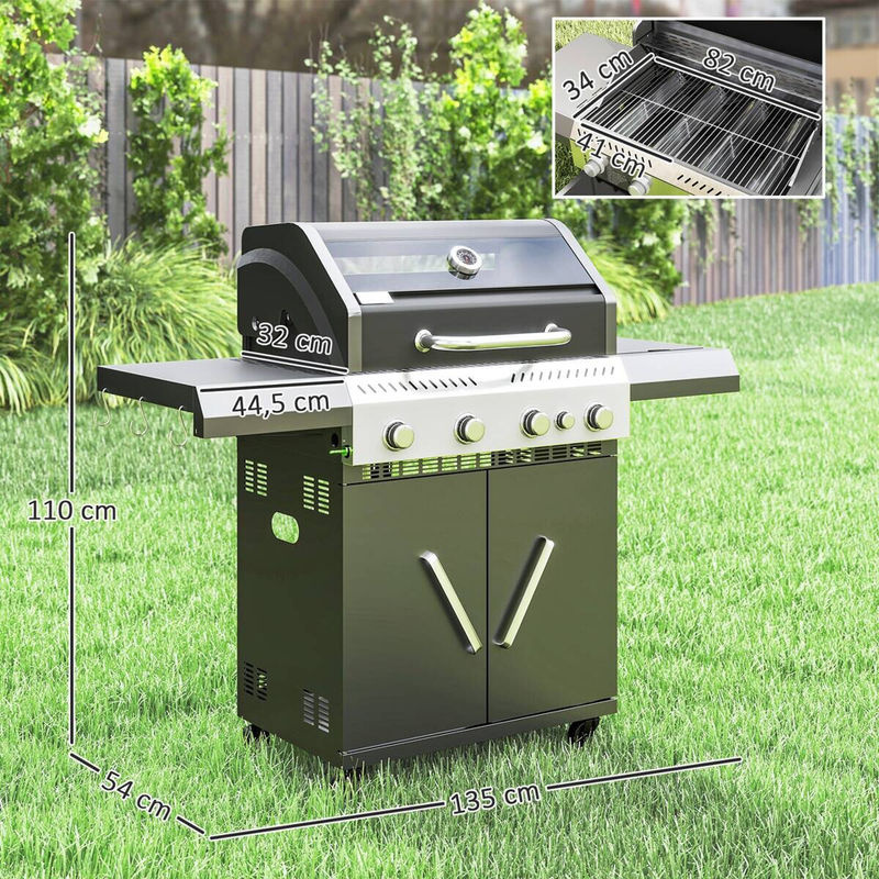 Outsunny Gasgrill mit 5 Brennern und Seitenkocher, BBQ Grillwagen mit 2 Heizzonen, Thermometer und Seitenablagen, H x B x T: 110 x 54 x 135 cm - Bild 4